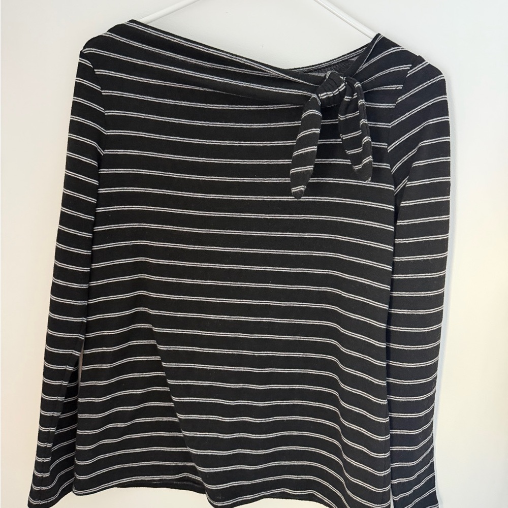 LOFT Black and White Striped Top with Tie